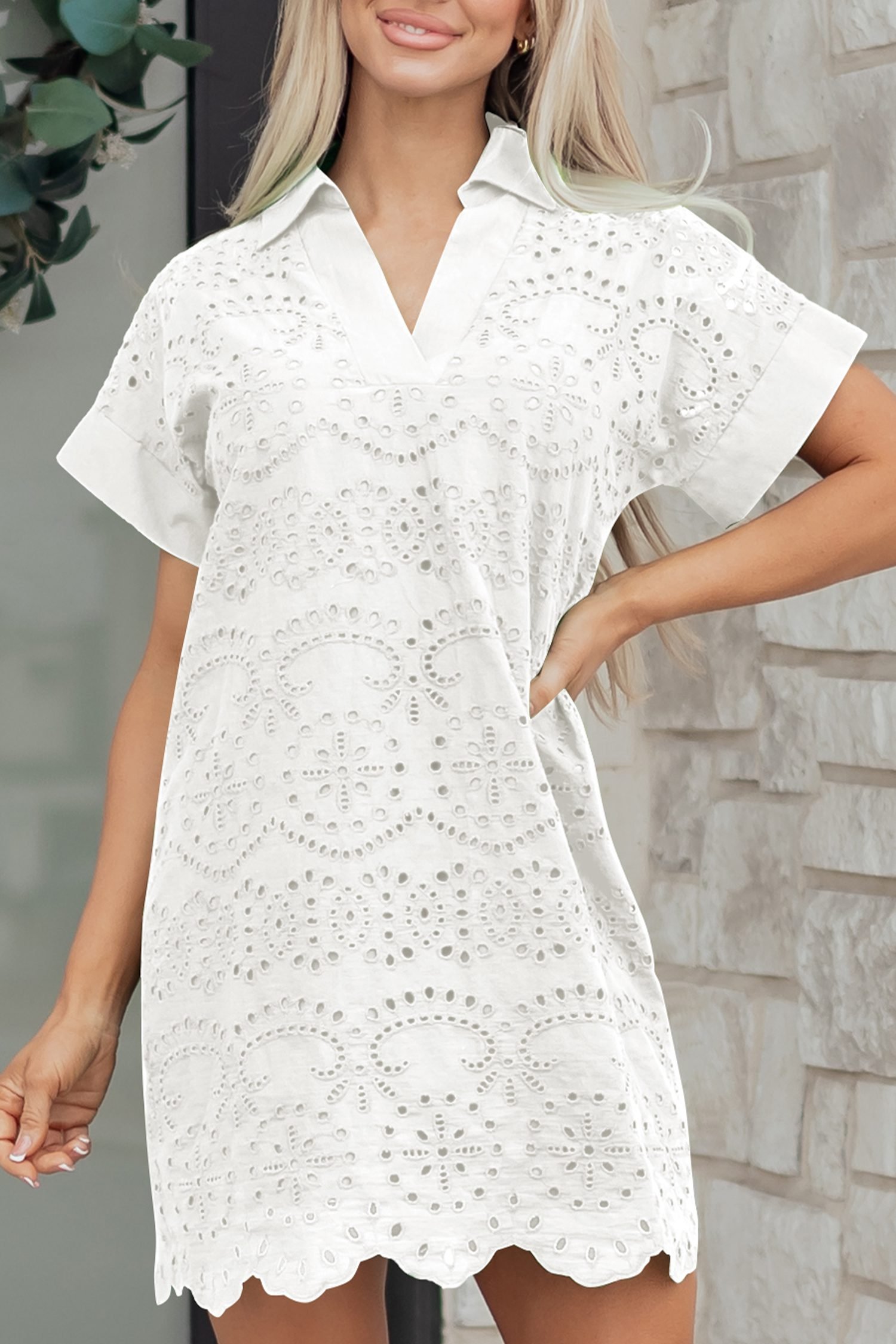 White Solid Color Eyelet Embroidered T Shirt Mini Dress