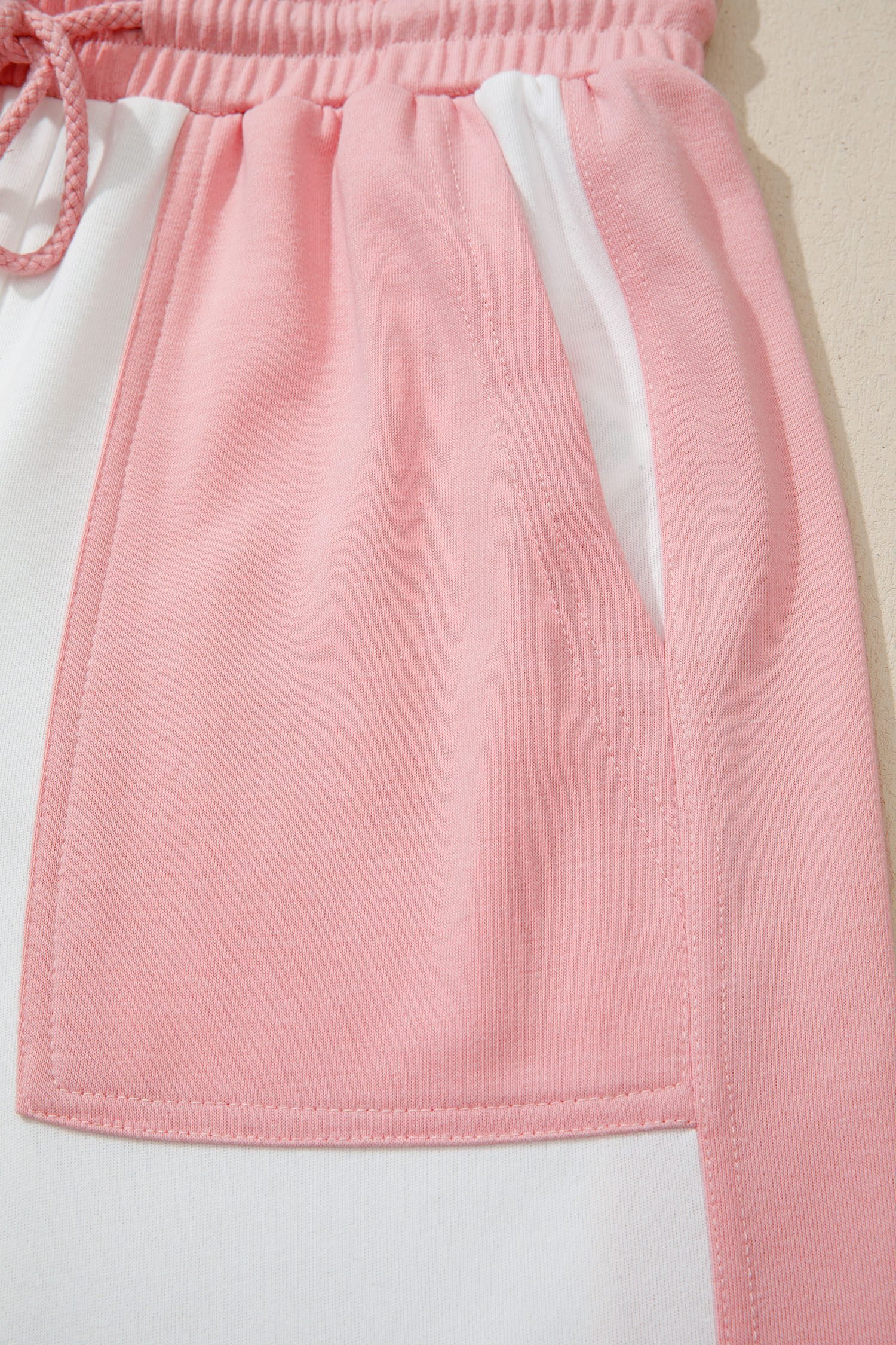 White Two-tone Color Block Patchwork Tee Drawstring Loose Pant Set