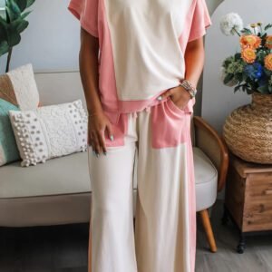 White Two-tone Color Block Patchwork Tee Drawstring Loose Pant Set