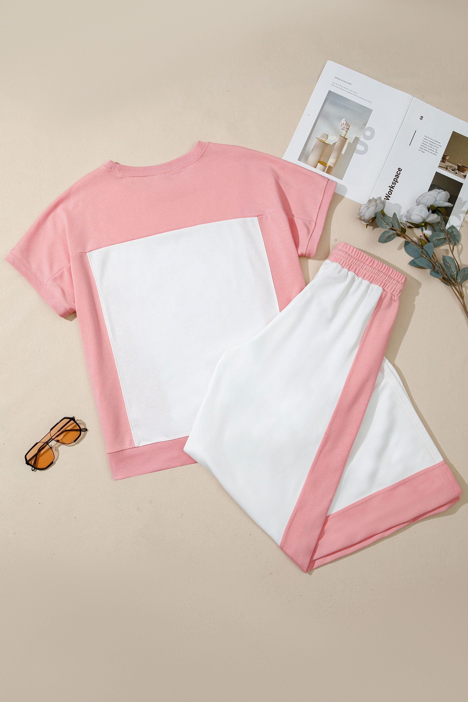 White Two-tone Color Block Patchwork Tee Drawstring Loose Pant Set