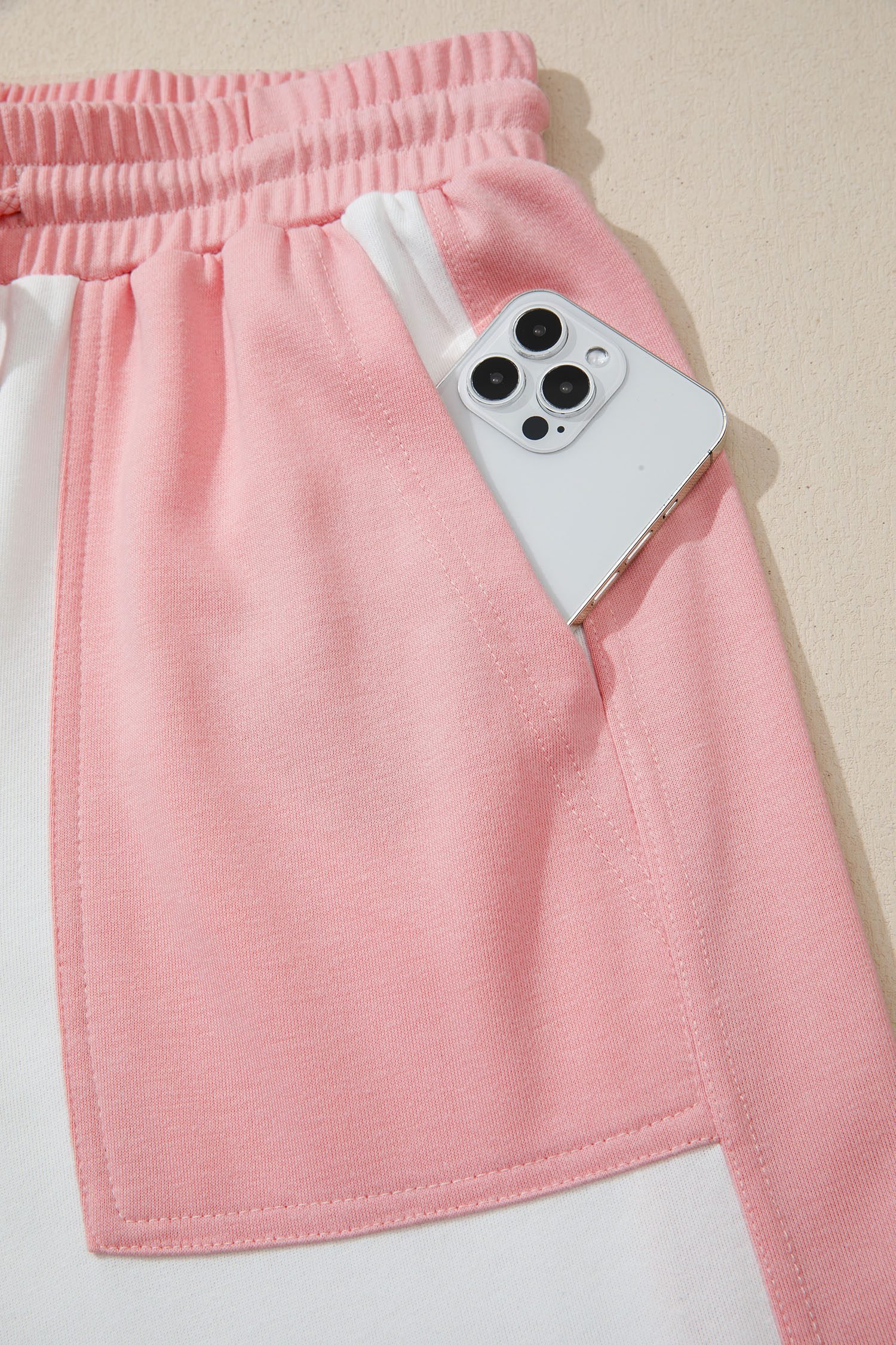White Two-tone Color Block Patchwork Tee Drawstring Loose Pant Set