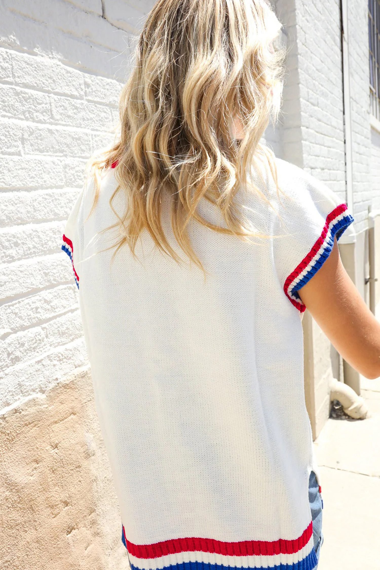 White USA Contrast Striped Trim Round Neck Short Sleeve Sweater