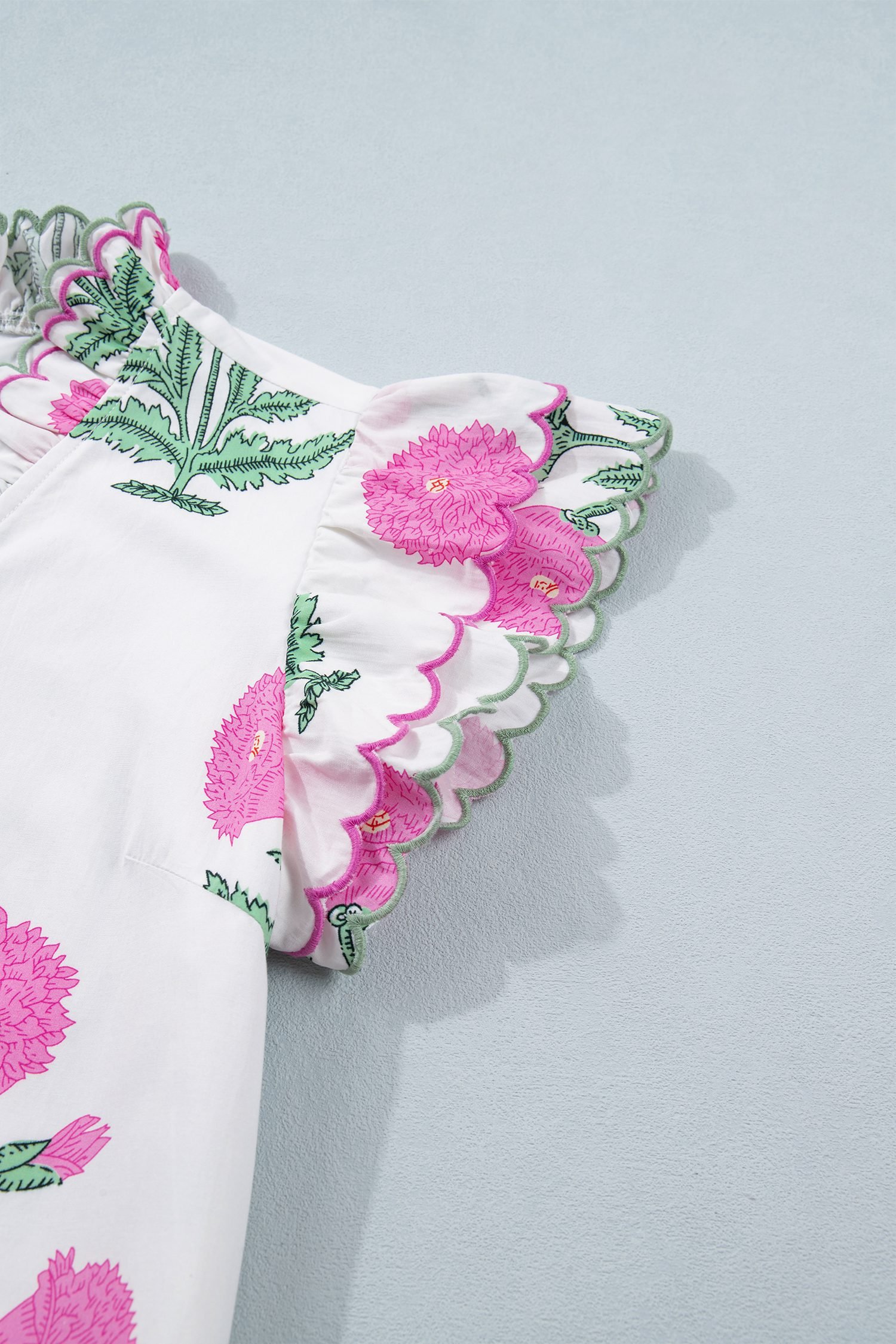 White Wild Floral Print Scalloped Embroidery Trim V Neck Drop Waist Mini Dress