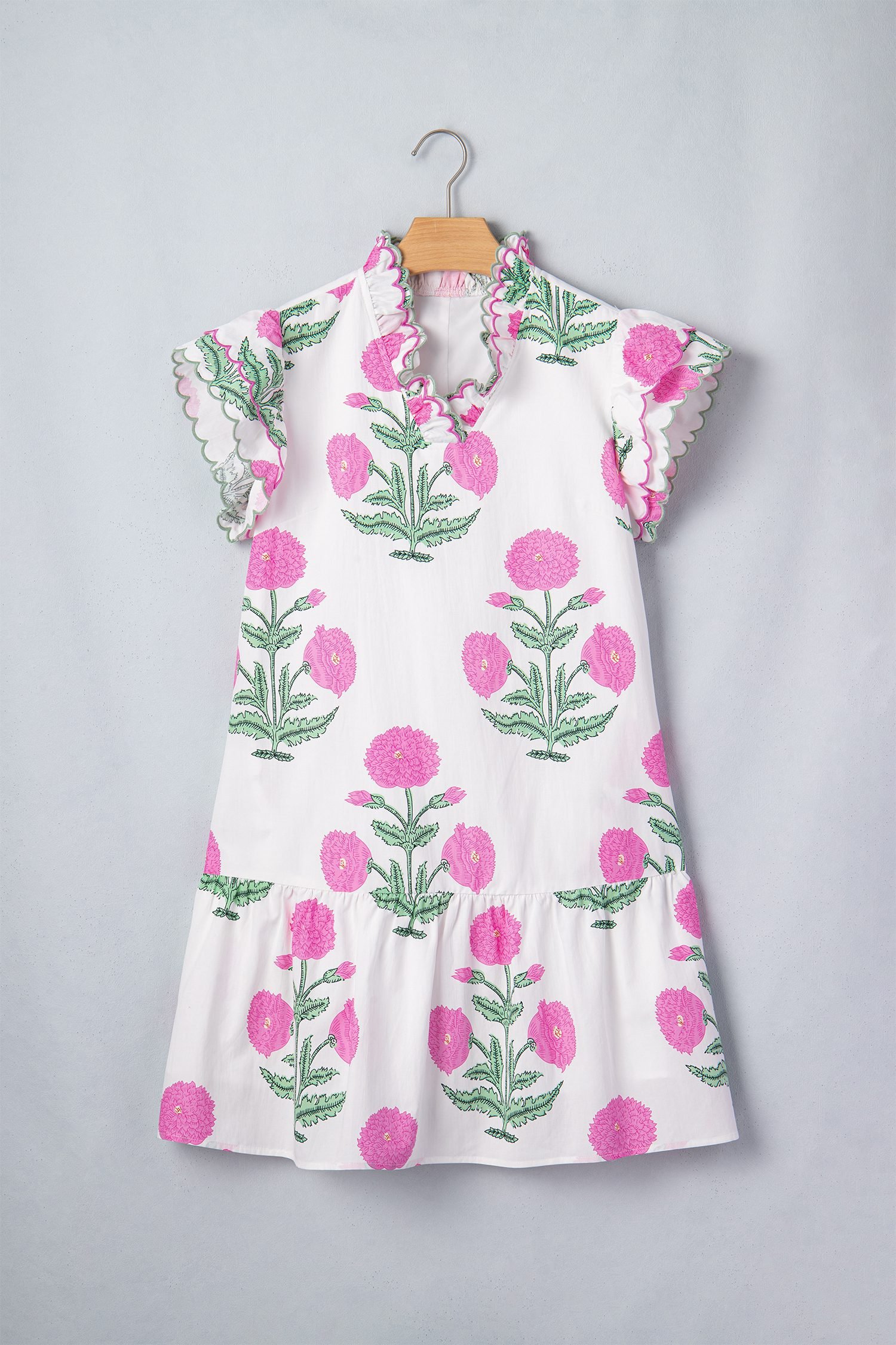 White Wild Floral Print Scalloped Embroidery Trim V Neck Drop Waist Mini Dress