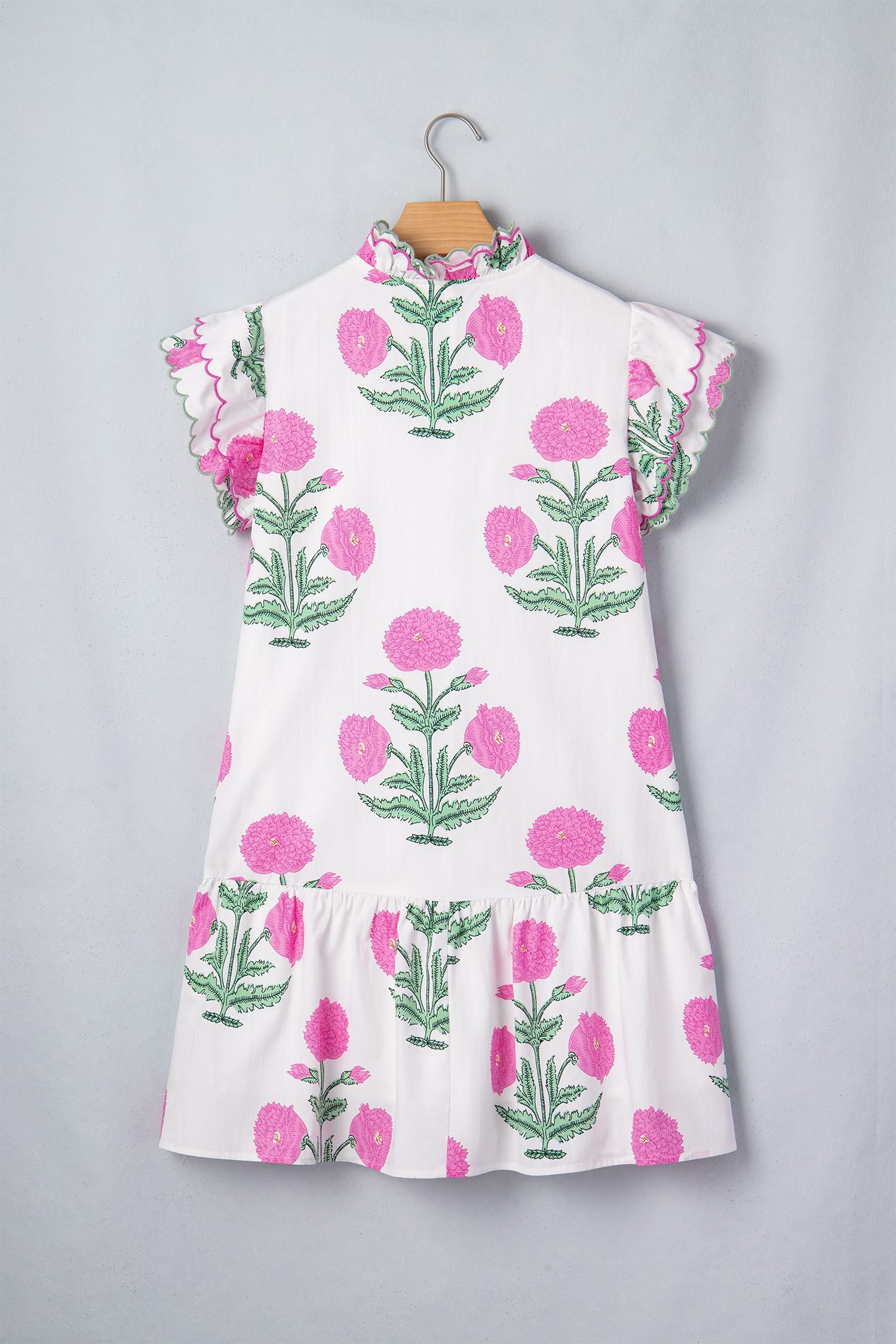 White Wild Floral Print Scalloped Embroidery Trim V Neck Drop Waist Mini Dress