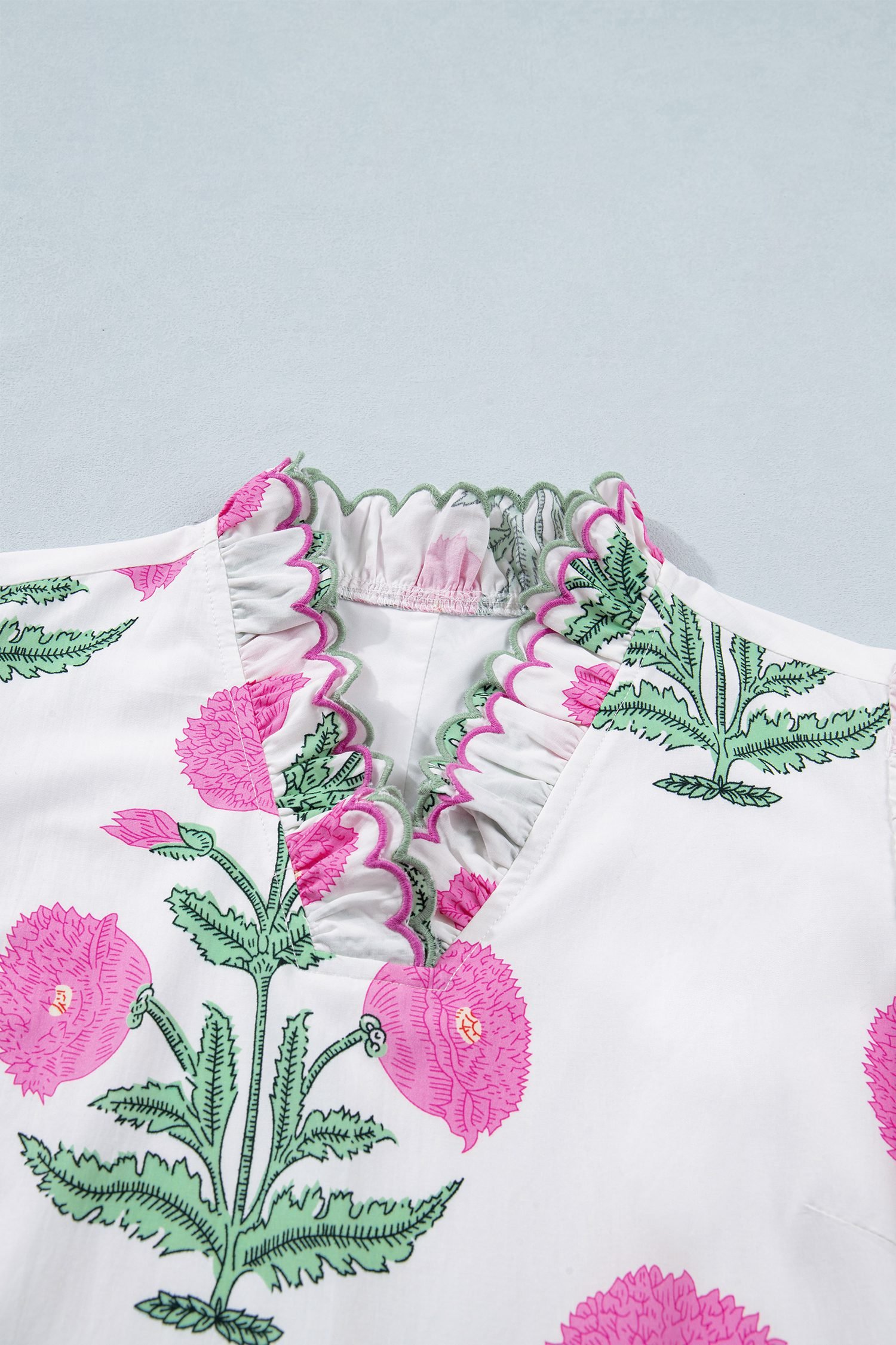 White Wild Floral Print Scalloped Embroidery Trim V Neck Drop Waist Mini Dress