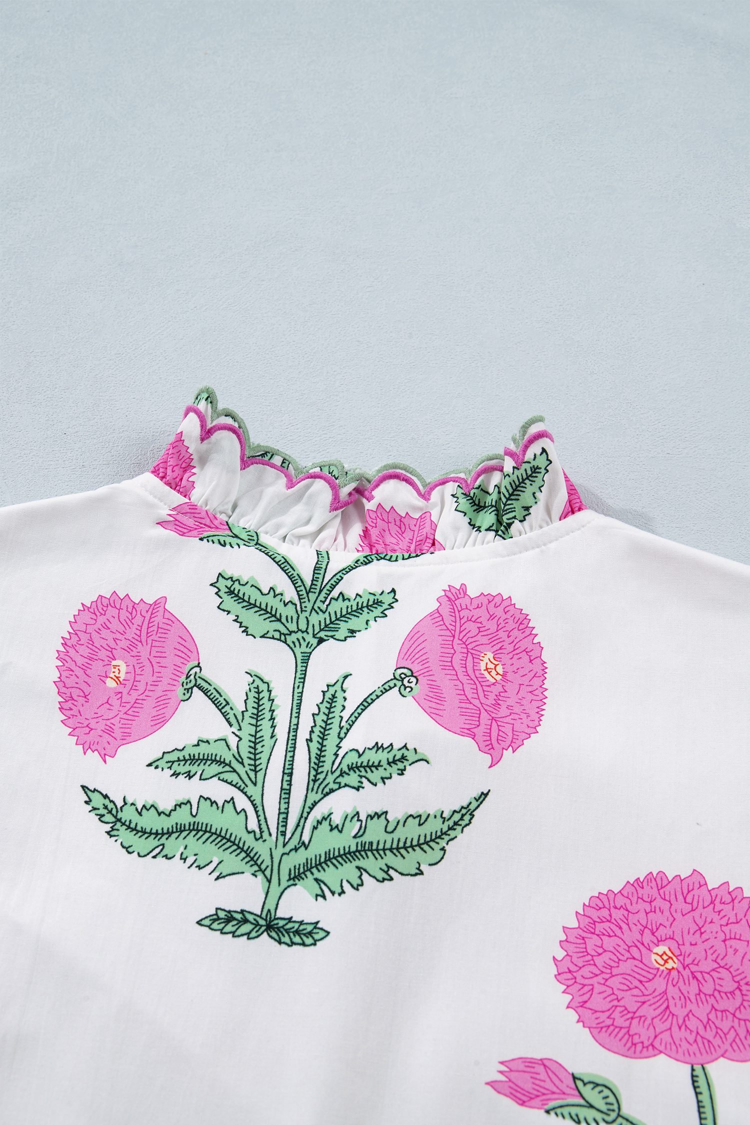 White Wild Floral Print Scalloped Embroidery Trim V Neck Drop Waist Mini Dress