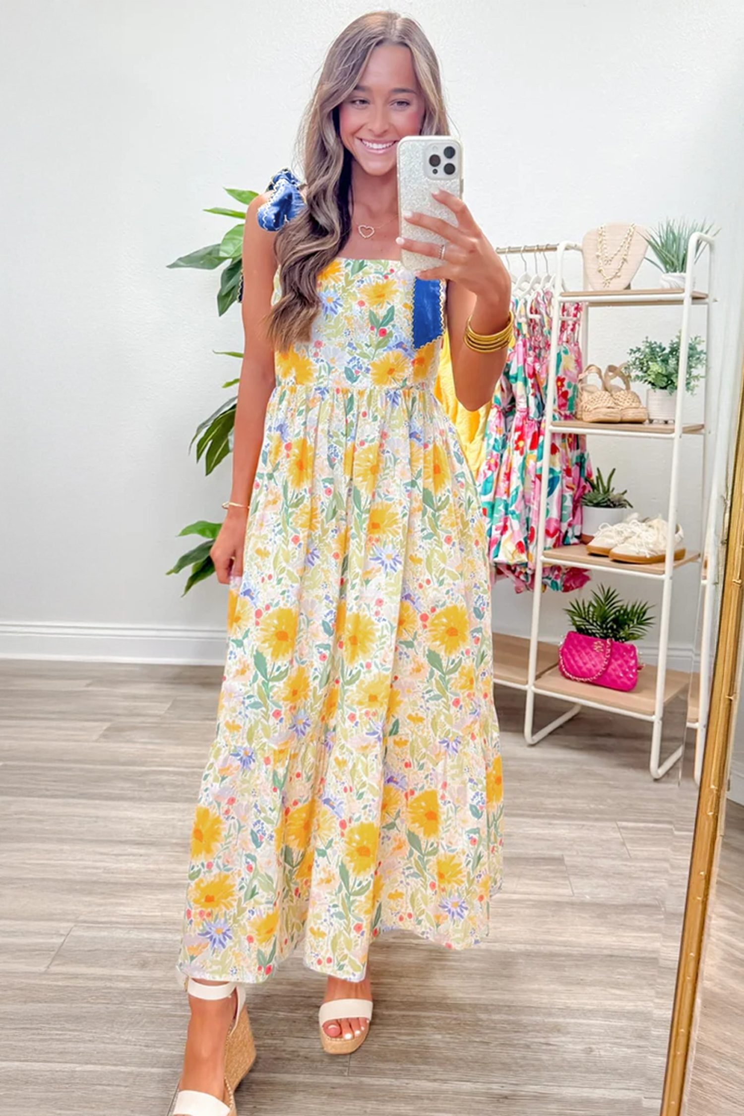 Yellow Floral Print Contrast Stitched Knot Denim Straps High Waist Dress