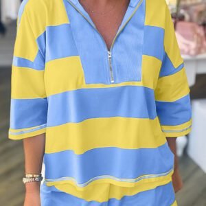 Yellow Stripe Seam Detail Half Zip Tee Casual Shorts 2pcs Set