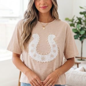 Smoke Gray Lace Pearled Decor Horse Shoe Graphic Western T Shirt
