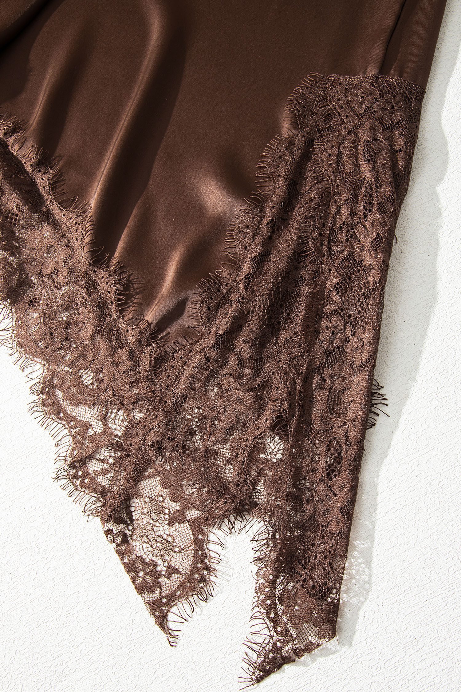 Coffee Asymmetric Lace Trim Short Sleeve Satin Top