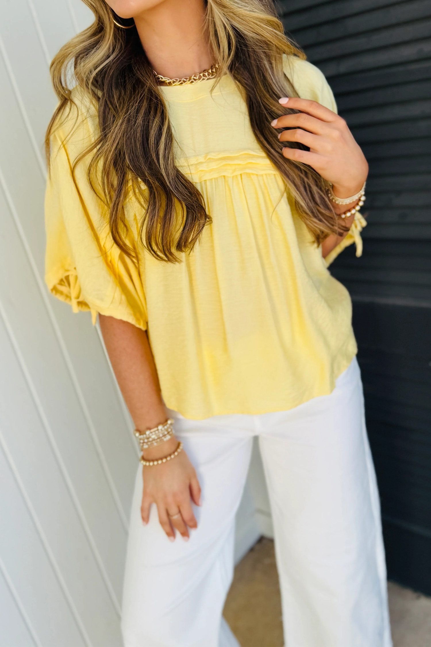 Yellow Cream Tie Half Sleeve Pleated Detail Babydoll Blouse