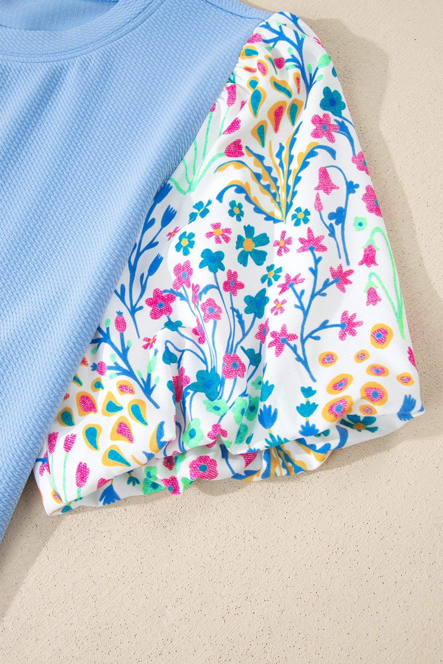 Light Blue Textured Bodice Contrast Floral Sleeve Plus Size Top