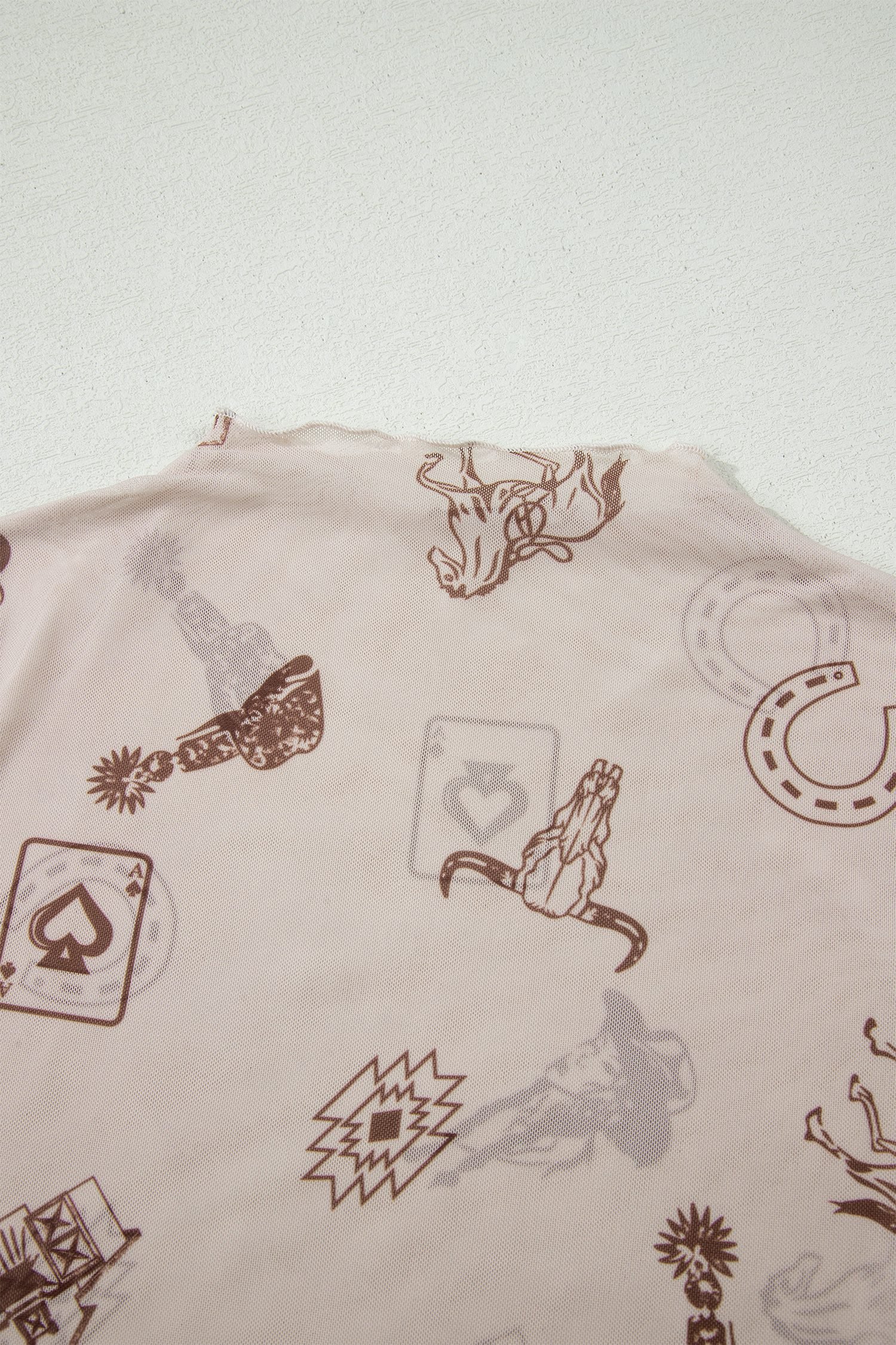Oatmeal Western Printed Mesh Short Sleeve Top