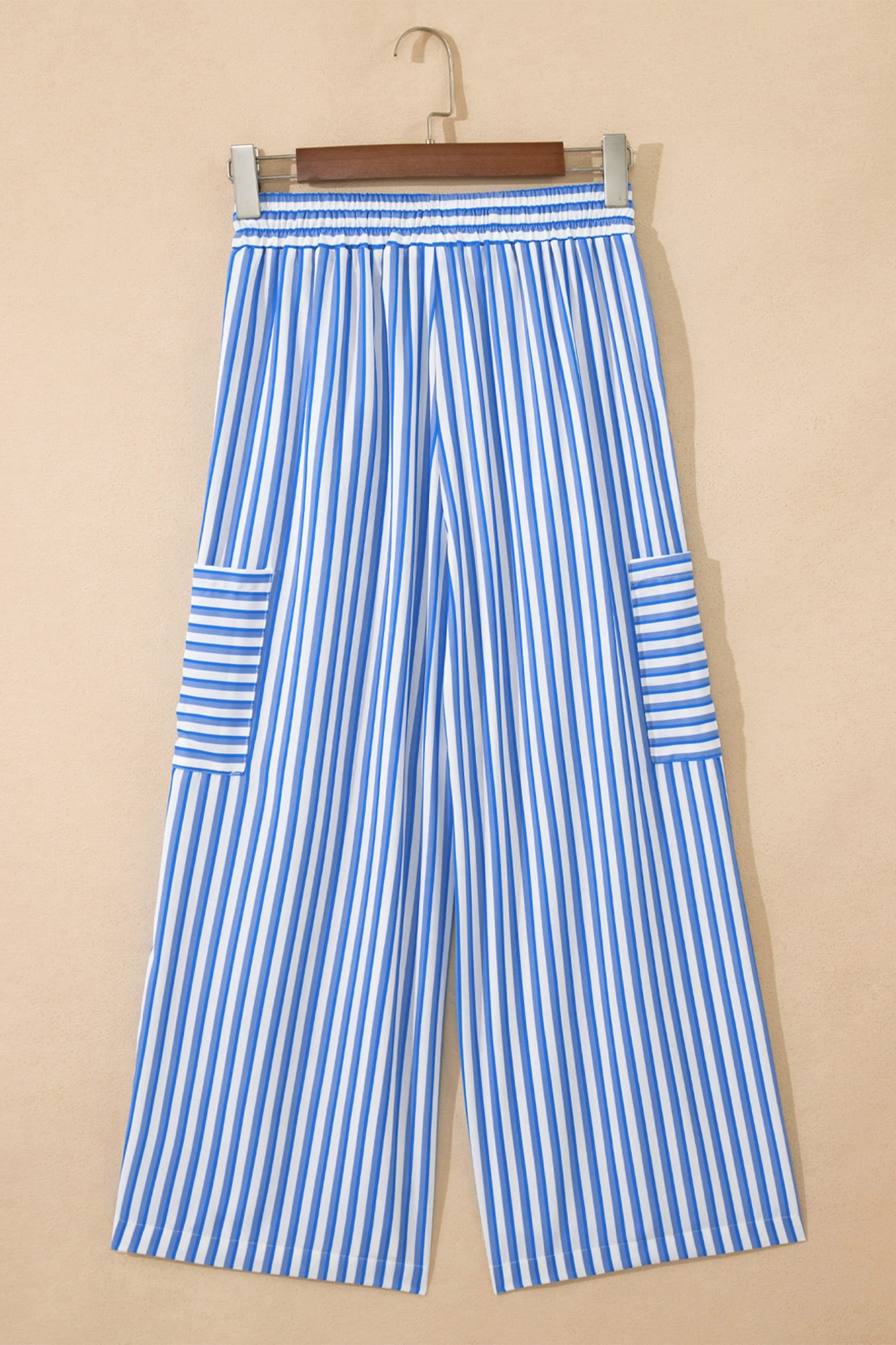 Sky Blue Stripe Drawstring Elastic Waist Patch Pocket Wide Leg Ankle-length Pants