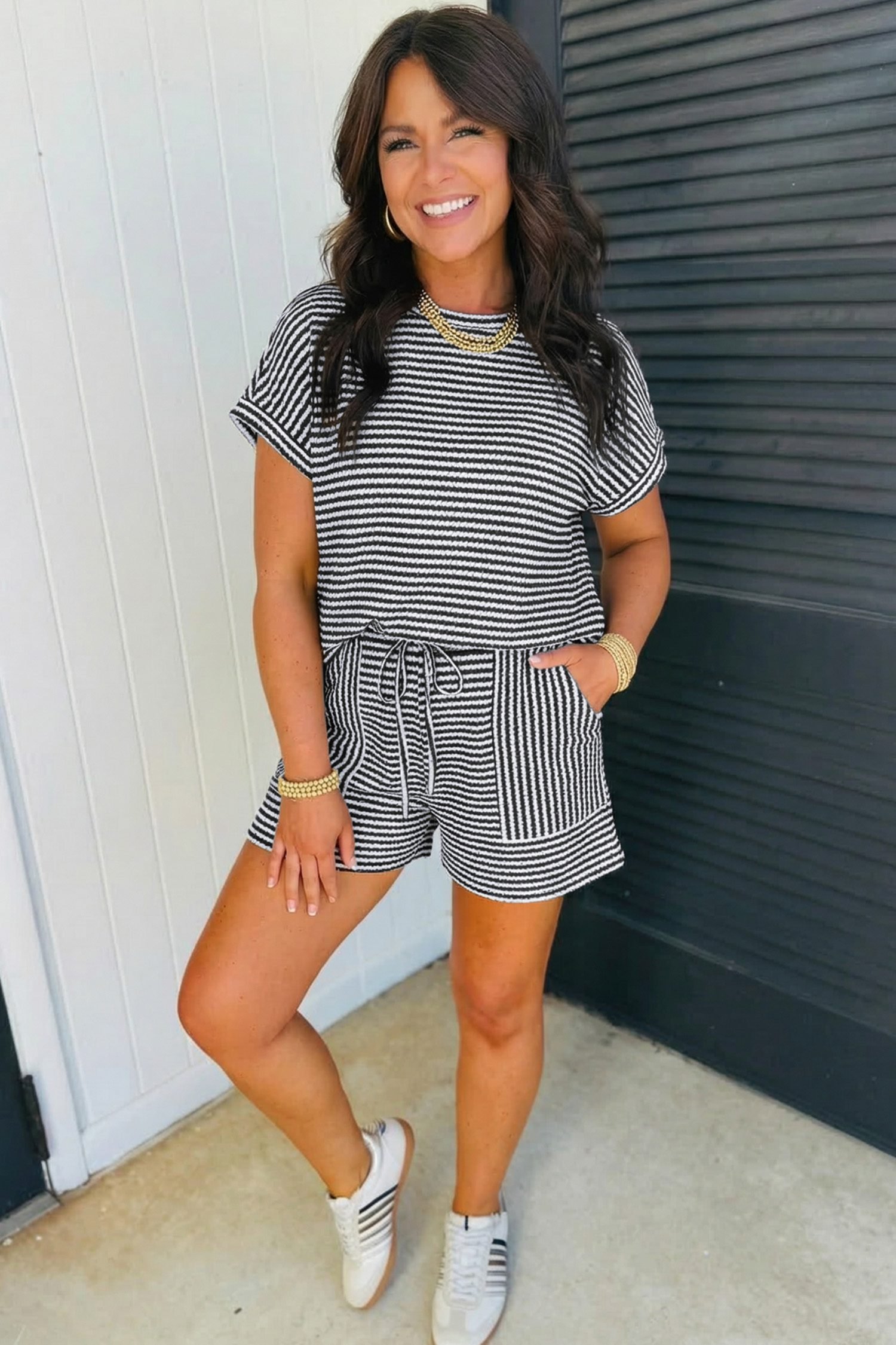 Black Stripe Breathable Textured Knit Short 2pcs Set
