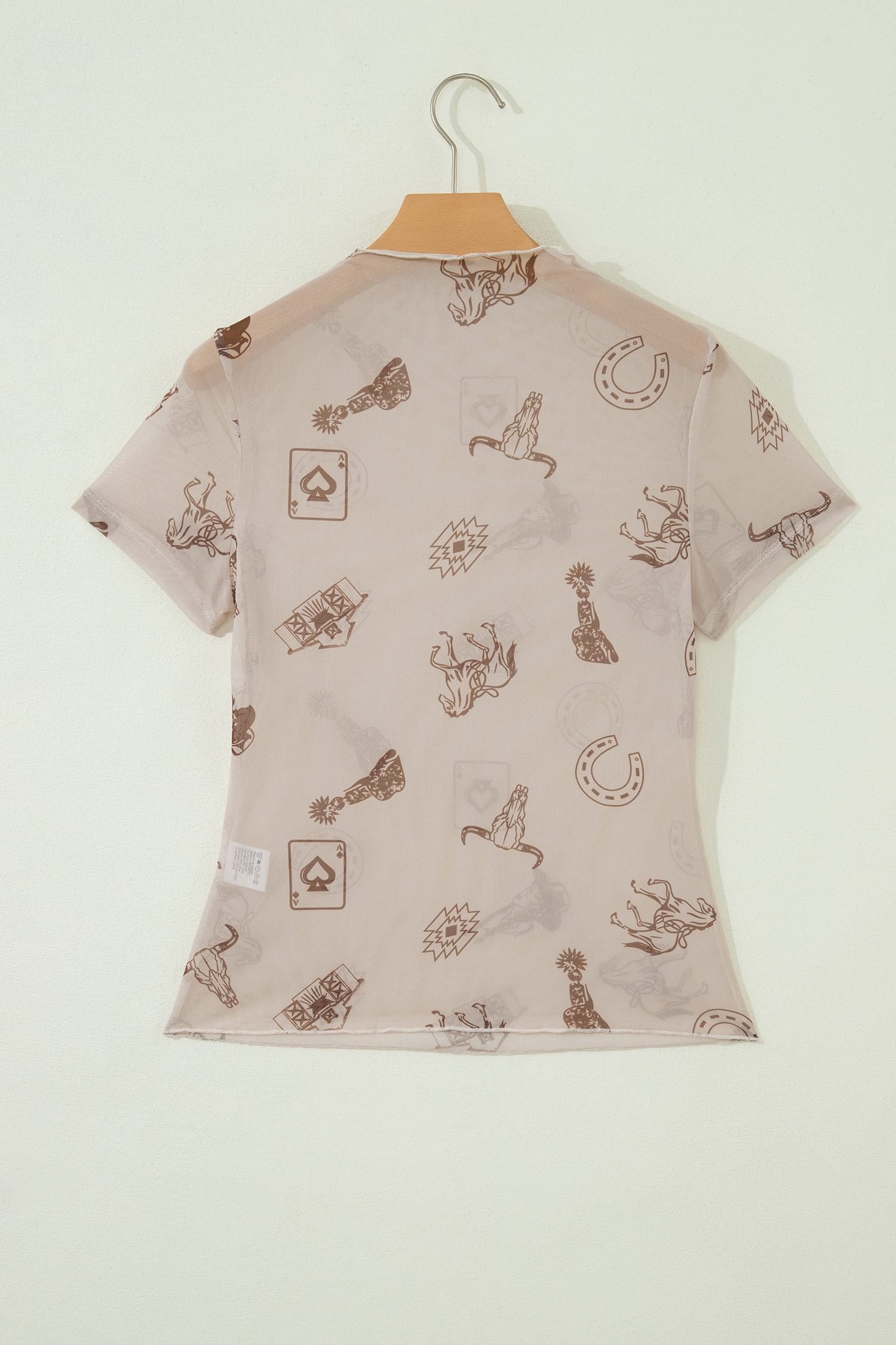 Oatmeal Western Printed Mesh Short Sleeve Top