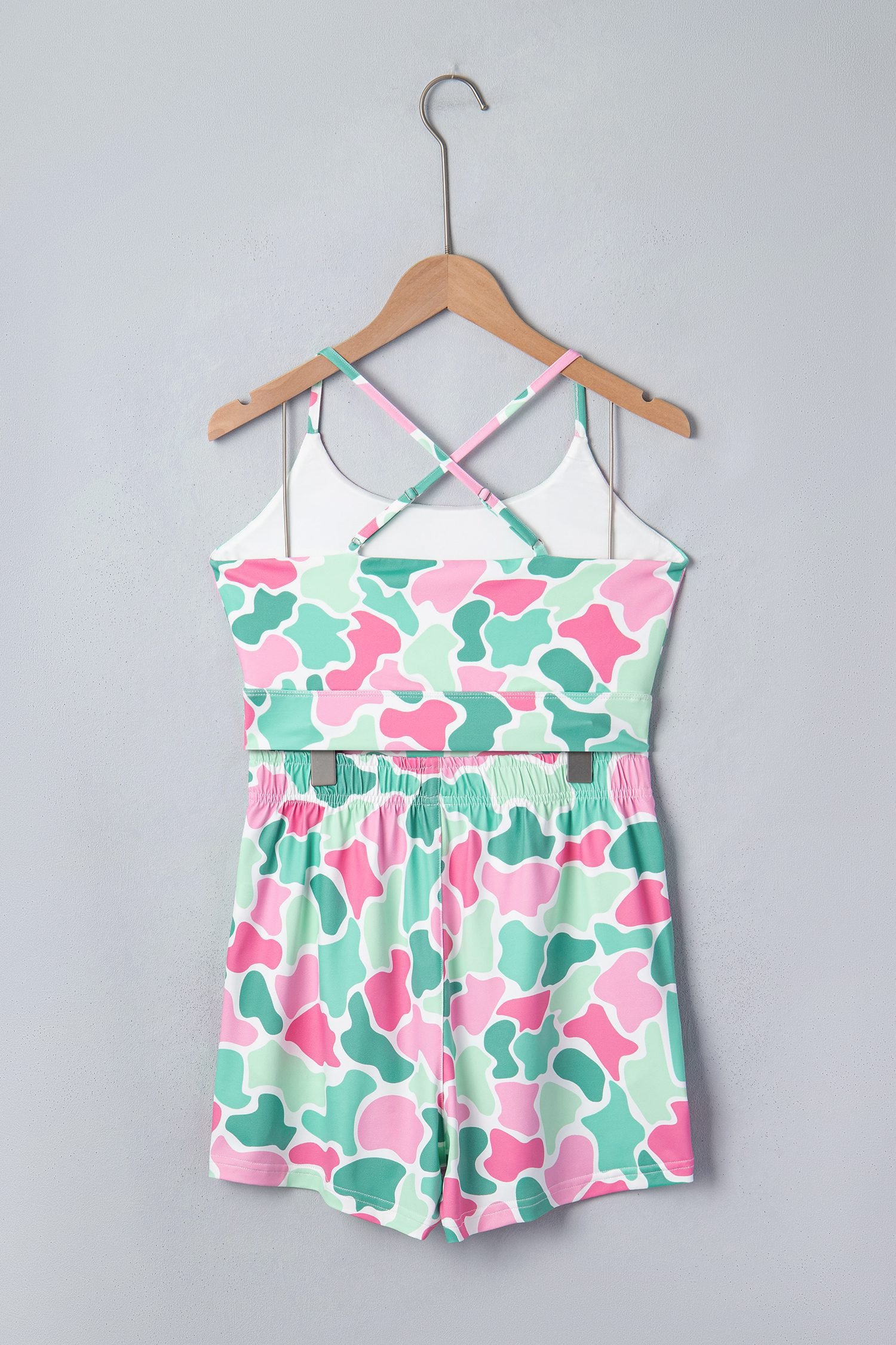 Green Camouflage Printed Cropped Tank Athleisure 2pcs Short Set