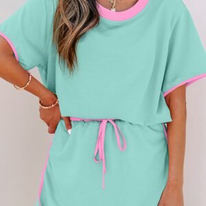 Moonlight Jade Colorblock Edge Drop Shoulder T Shirt and Skort 2Pcs Set