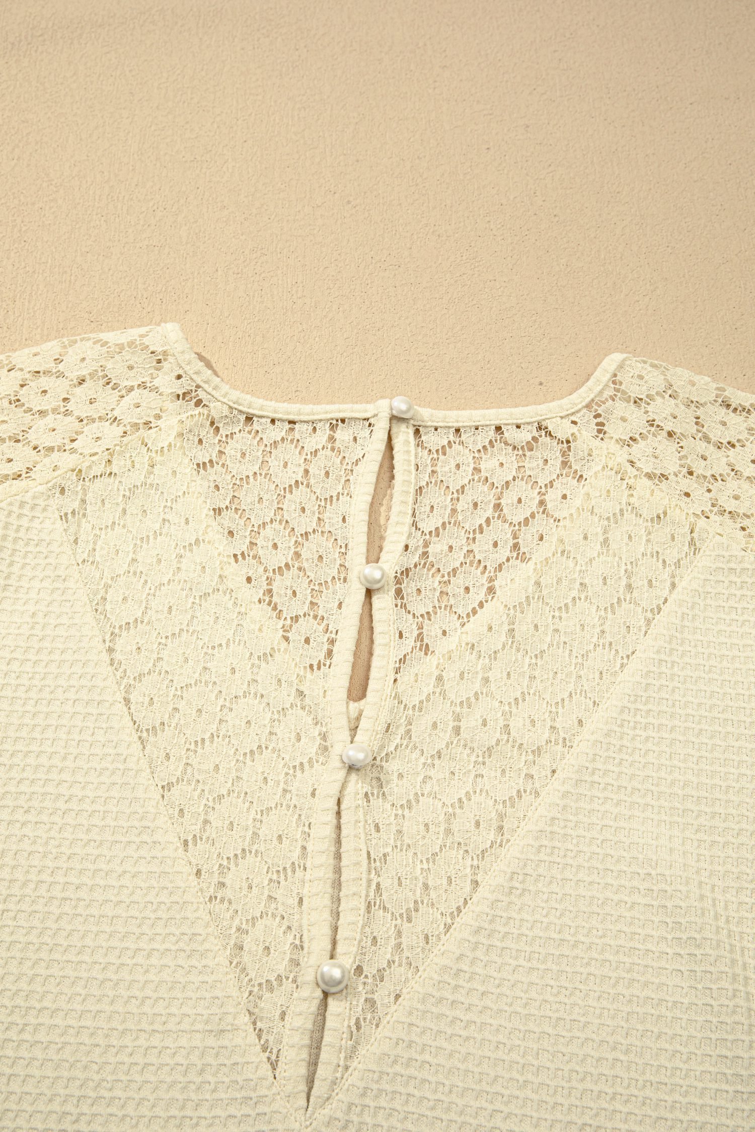Beige Lace Splicing Button Cutout V Neck Waffle Knit Blouse