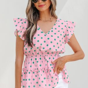 Pink V Neck Polka Dot Print Drawstring Tiered Babydoll Blouse