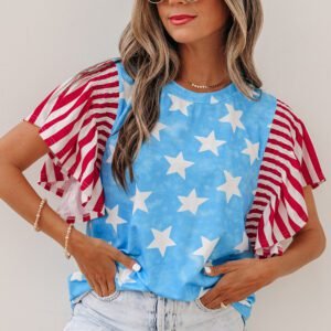 Sky Blue Vintage Star Print Striped Ruffle Sleeve Independence Day Top