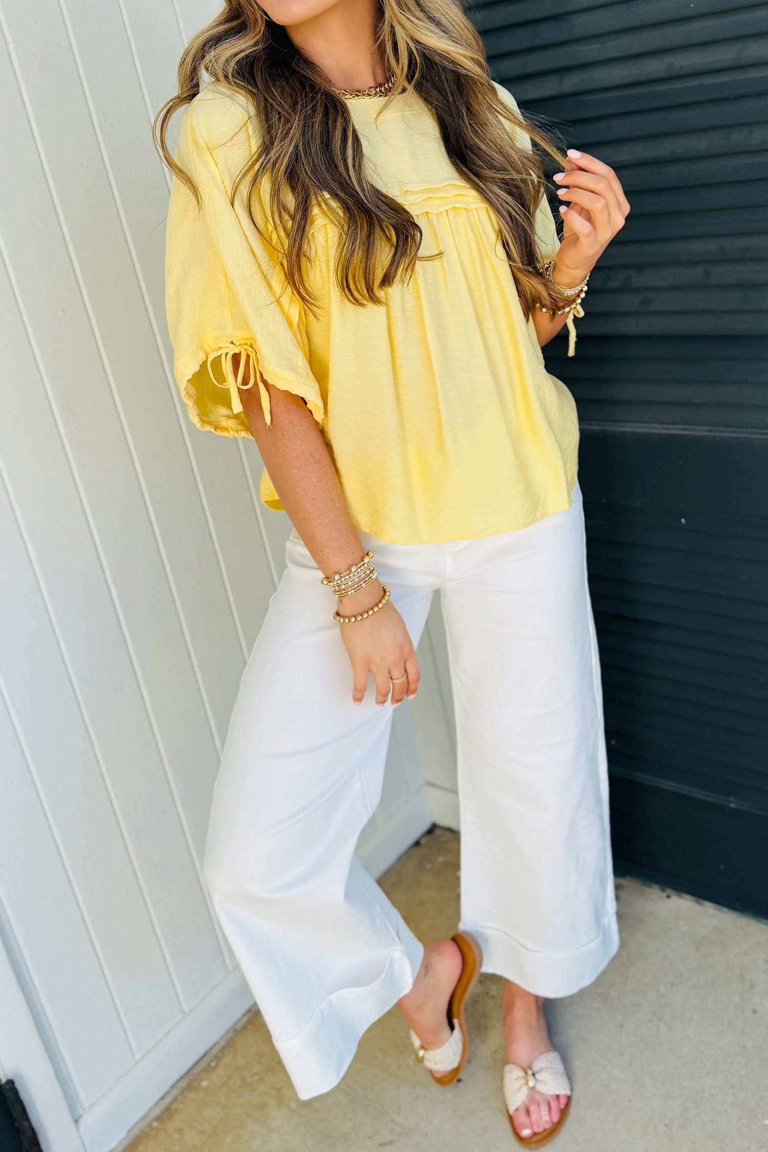 Yellow Cream Tie Half Sleeve Pleated Detail Babydoll Blouse