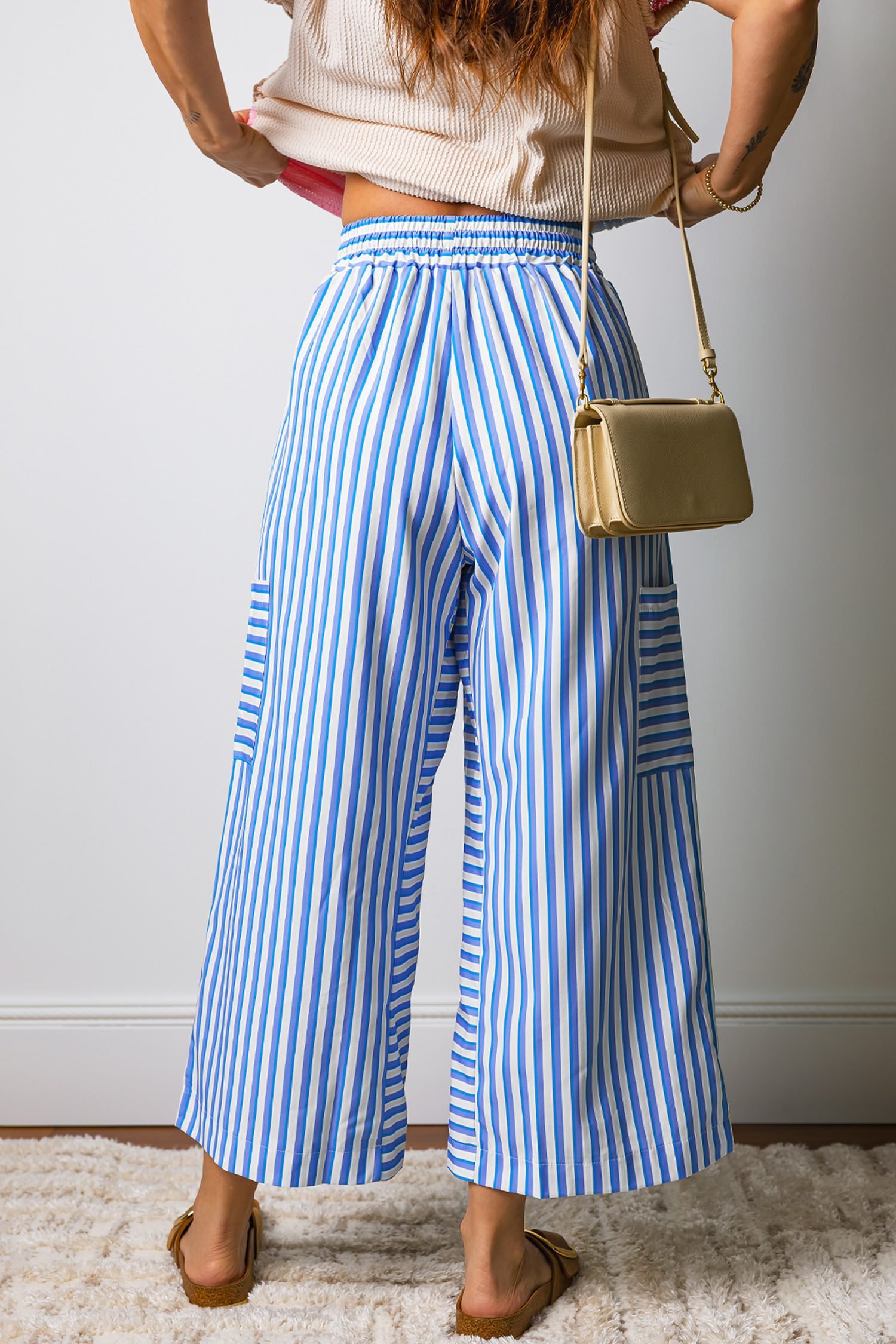 Sky Blue Stripe Drawstring Elastic Waist Patch Pocket Wide Leg Ankle-length Pants