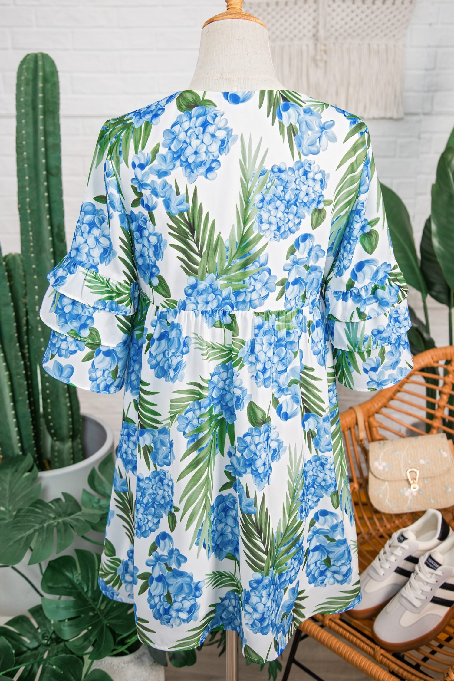 Sky Blue Palm Floral Print Contrast Ribbon Knot Ruffle Tiered Sleeve Mini Dress