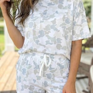 Multicolour Camouflage Print Casual Tee Drawstring Short Set