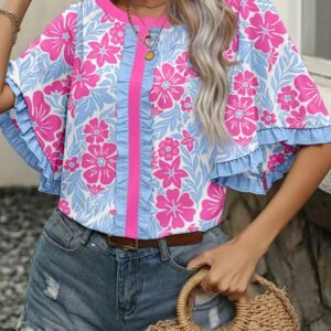 Rose Floral Print Ruffled Color Block Trim Half Sleeve Blouse