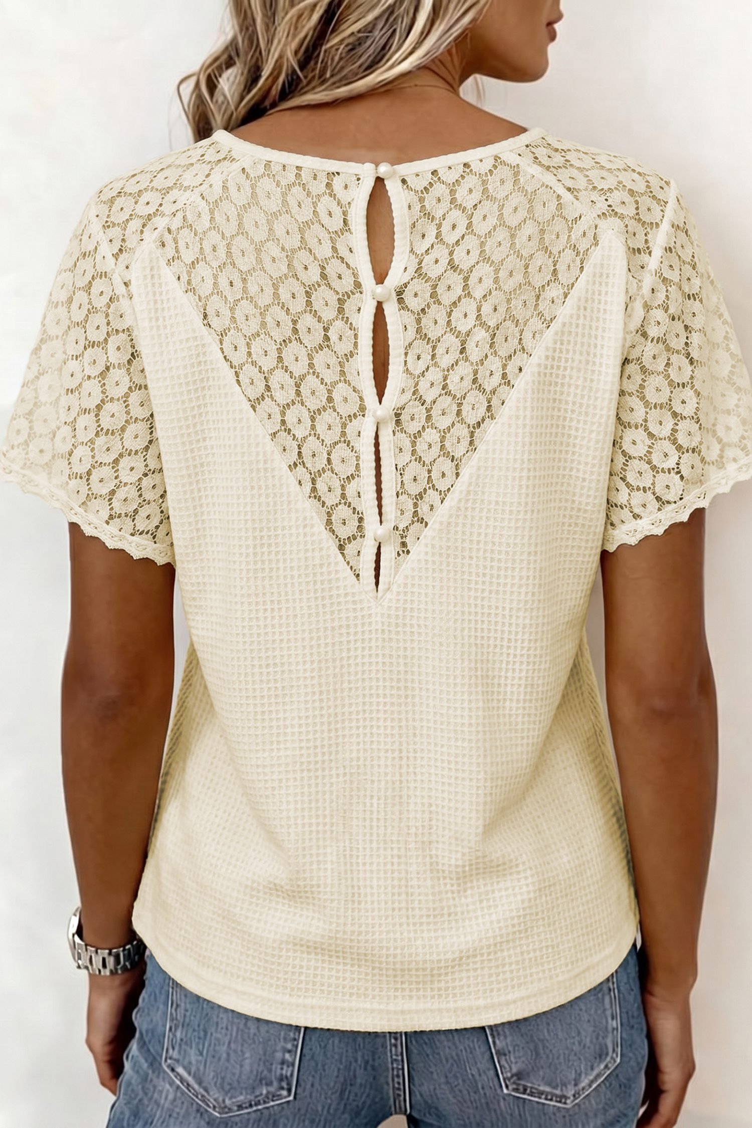 Beige Lace Splicing Button Cutout V Neck Waffle Knit Blouse