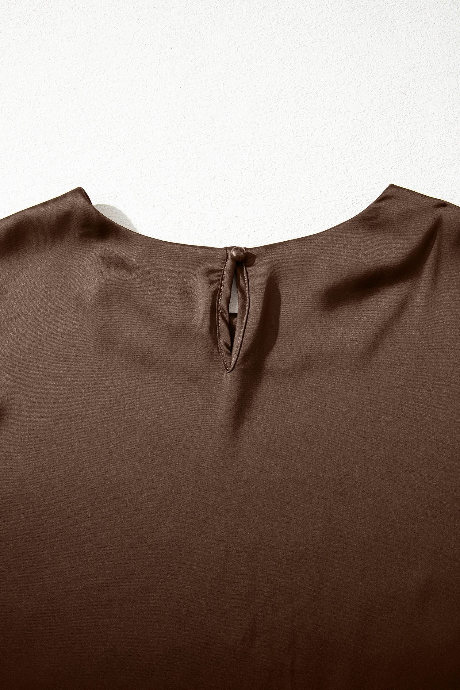 Coffee Asymmetric Lace Trim Short Sleeve Satin Top