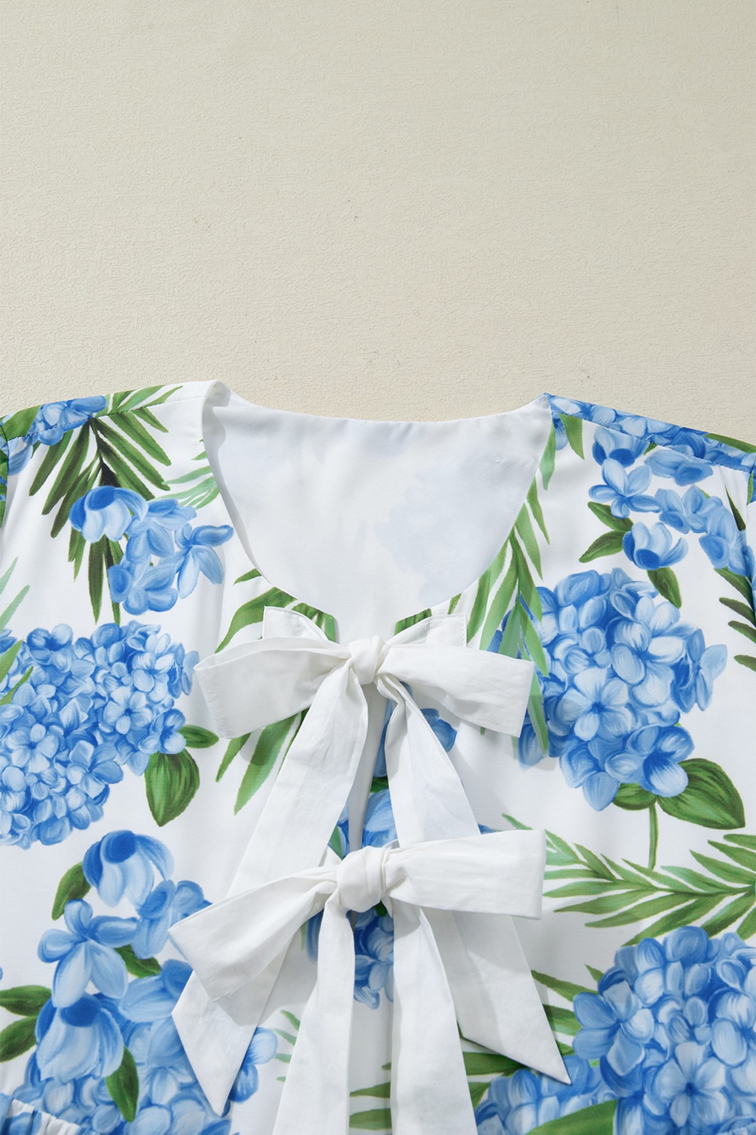 Sky Blue Palm Floral Print Contrast Ribbon Knot Ruffle Tiered Sleeve Mini Dress