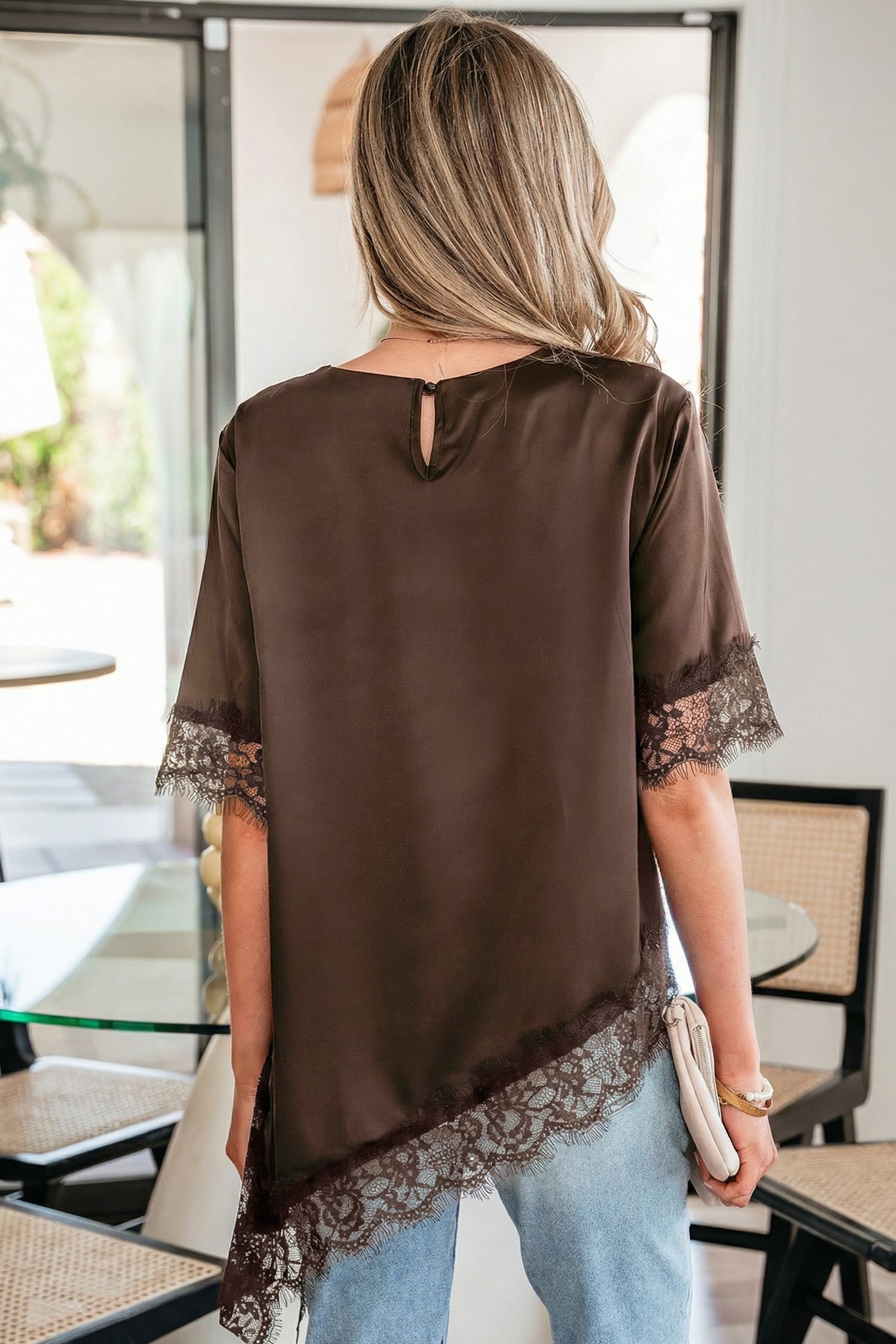 Coffee Asymmetric Lace Trim Short Sleeve Satin Top