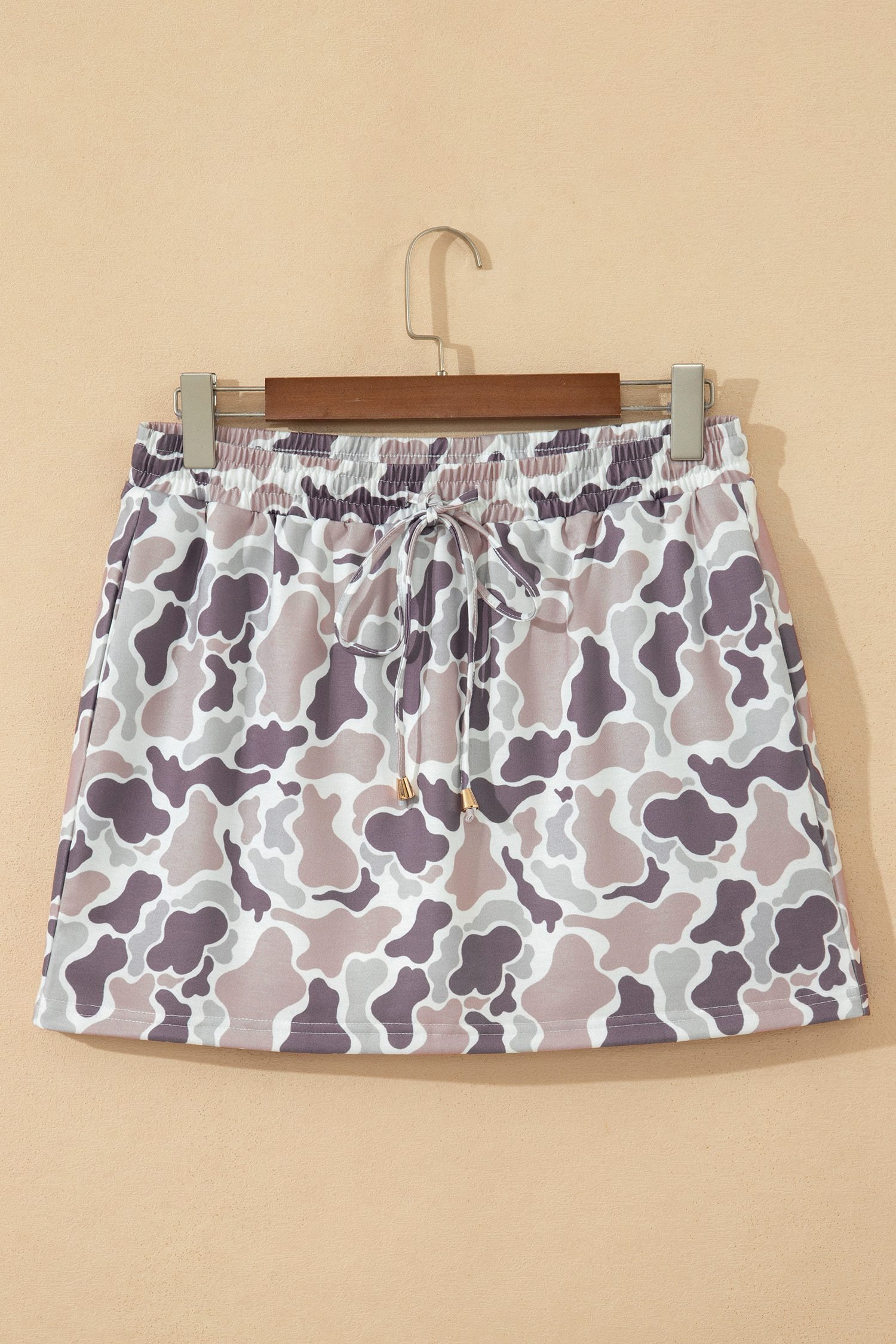 Khaki Abstract Camo Elastic Waist Drawstring Mini Skort