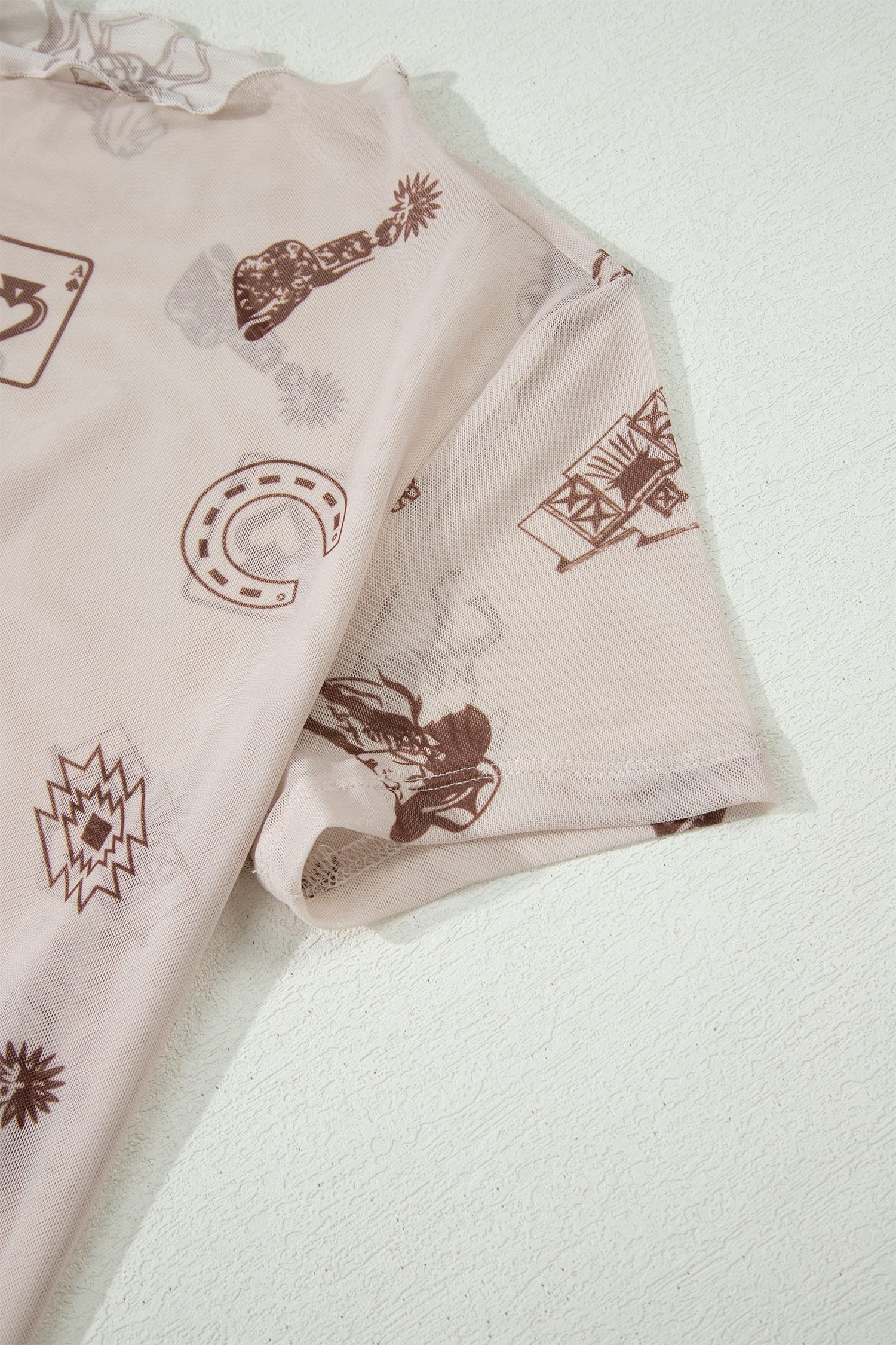 Oatmeal Western Printed Mesh Short Sleeve Top