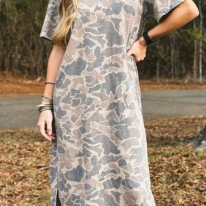 Multicolour Camouflage Print Short Sleeve Drop Shoulder Side Slit Casual Dress
