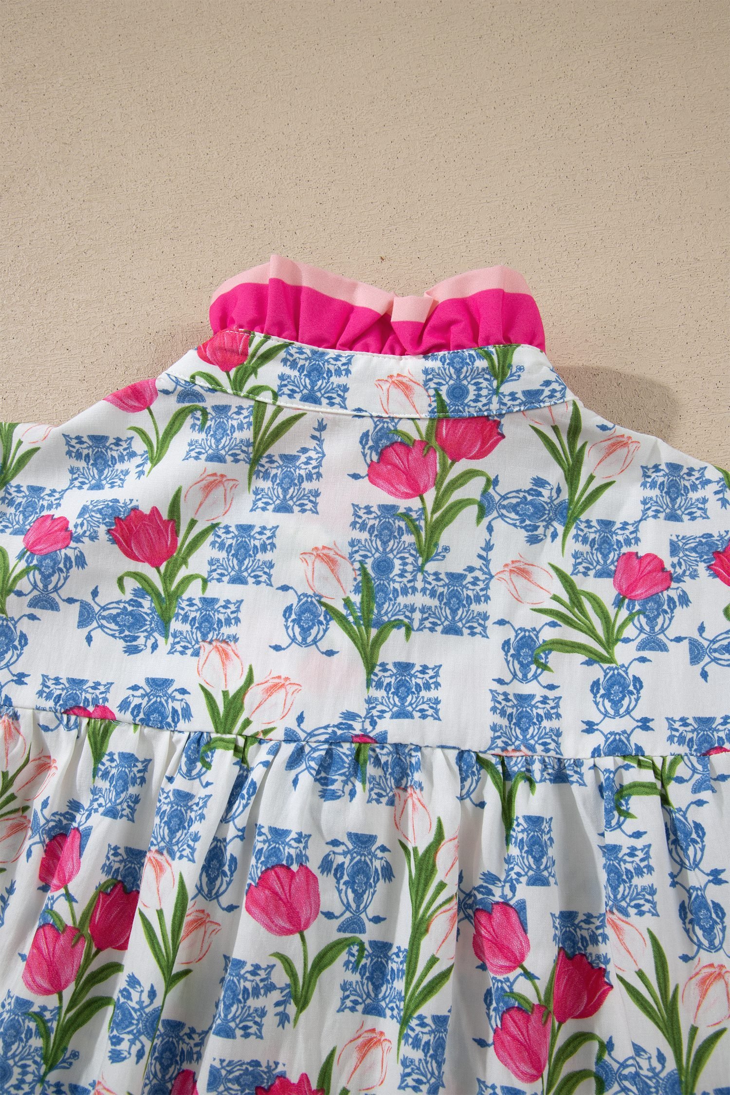 Rose Floral Print Color Block Striped Trim Flutter Sleeve Half Button Blouse