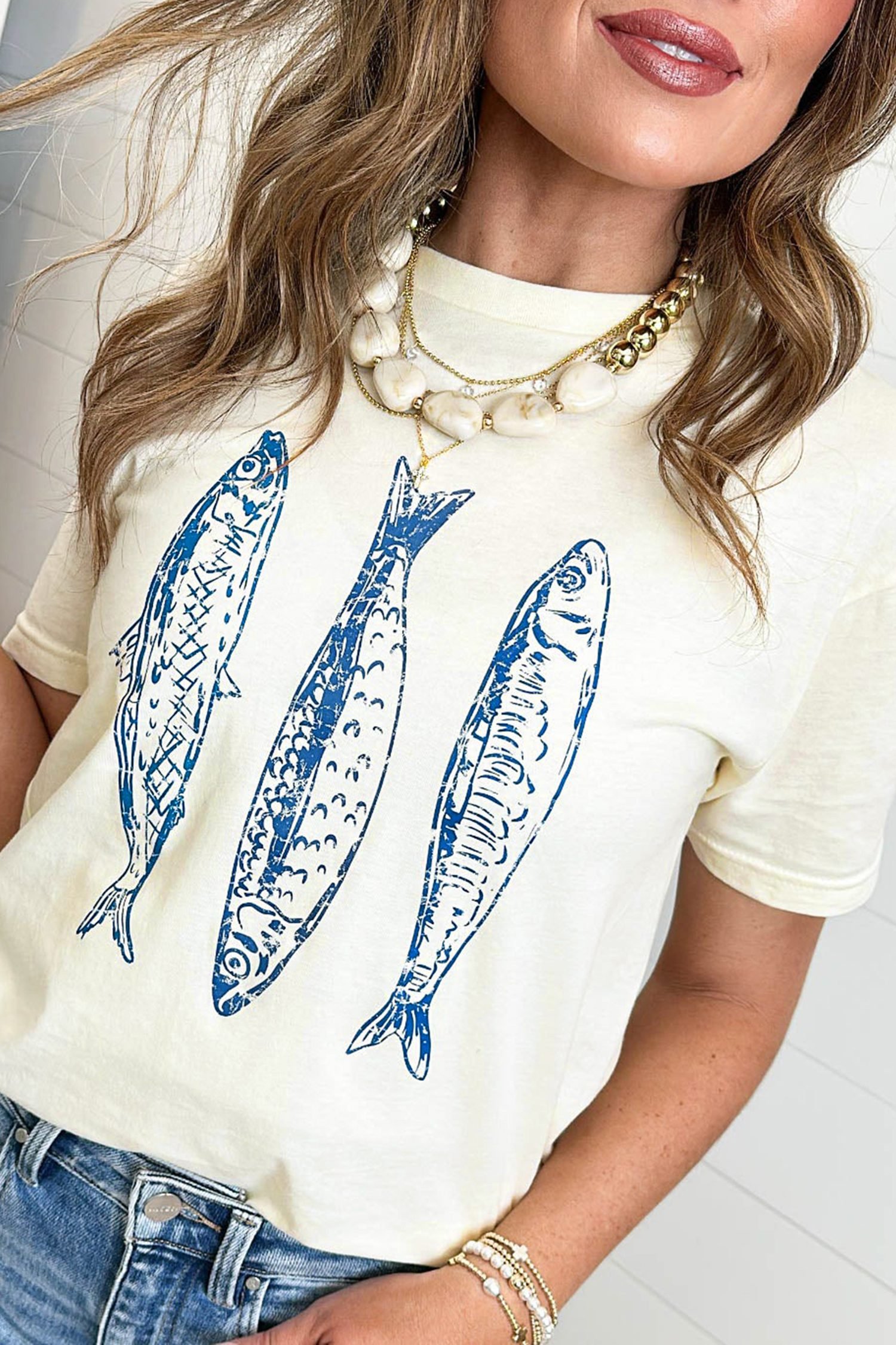 White Fish Print Short Sleeve Round Neck T Shirt