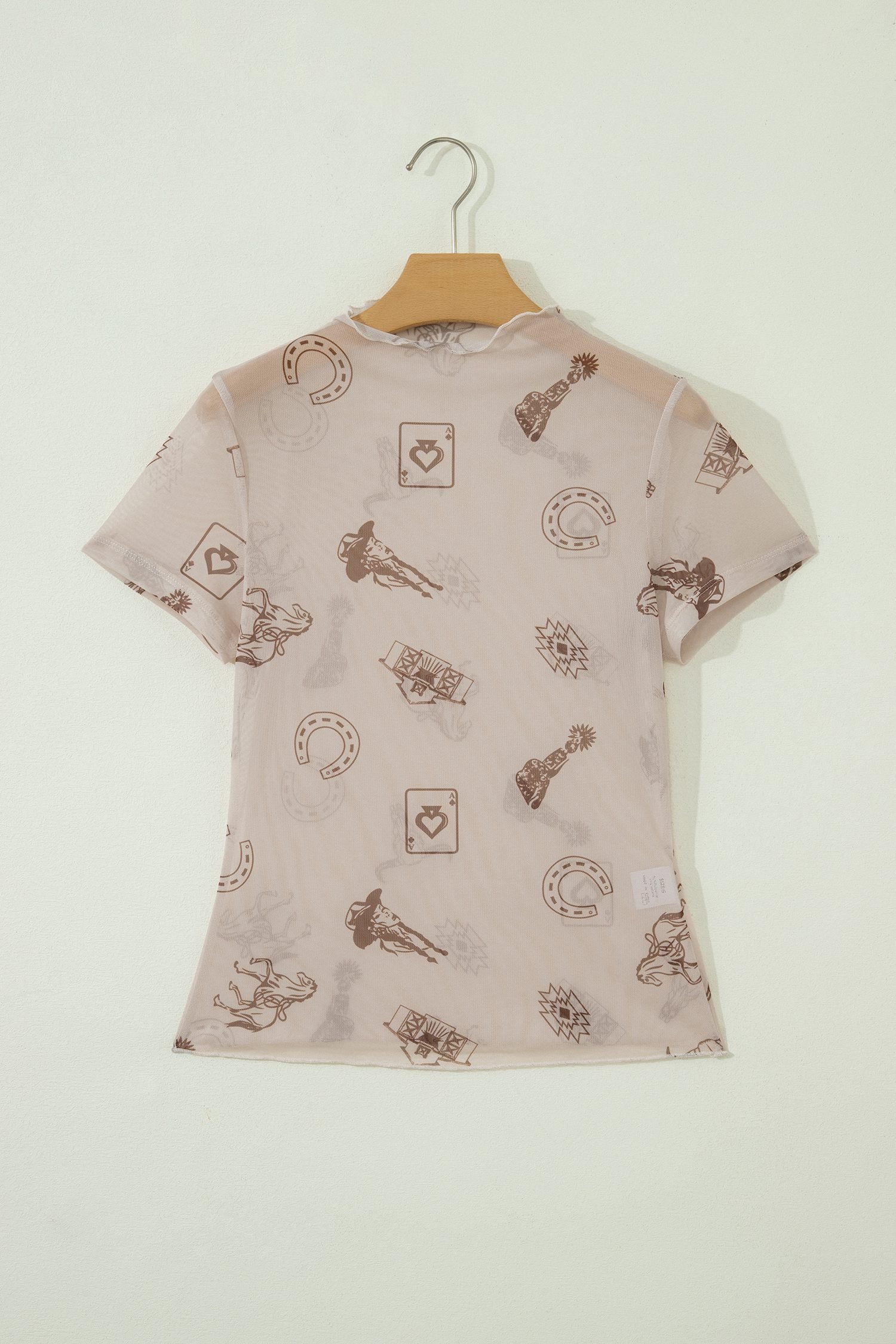 Oatmeal Western Printed Mesh Short Sleeve Top