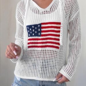 White Hollow Out Crochet Knit American Flag Patched Sweater Hoodie