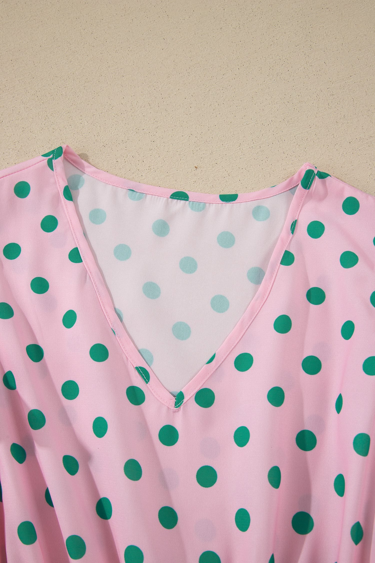 Pink V Neck Polka Dot Print Drawstring Tiered Babydoll Blouse