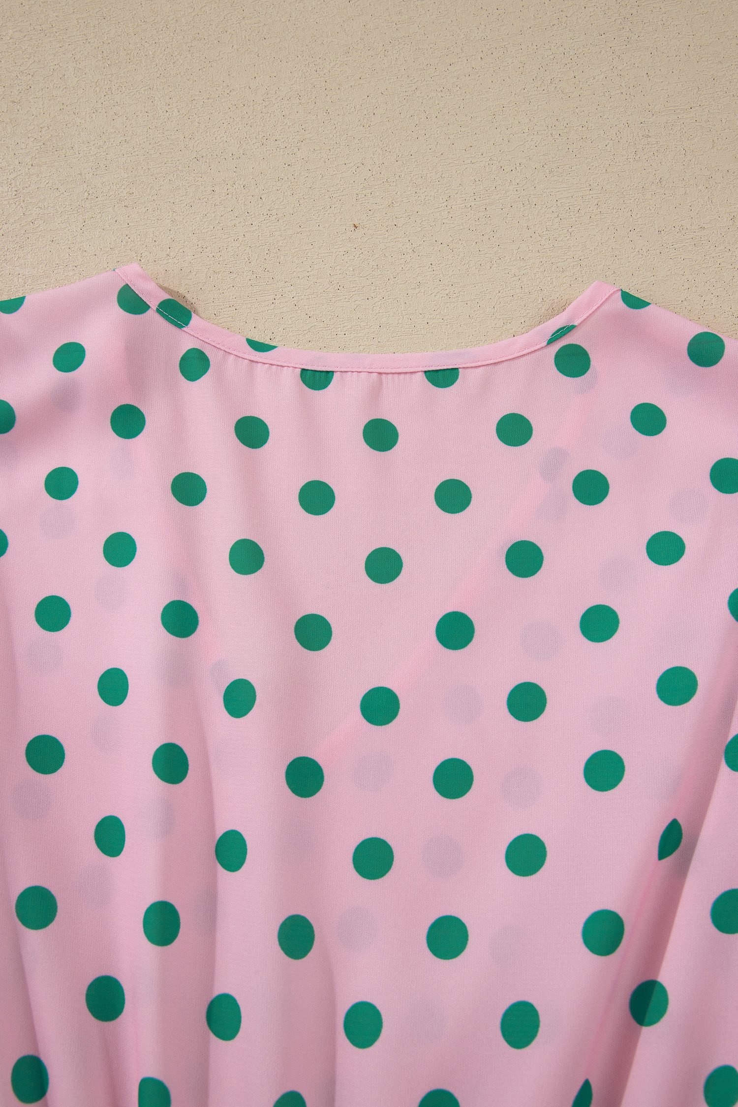 Pink V Neck Polka Dot Print Drawstring Tiered Babydoll Blouse