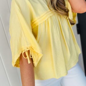 Yellow Cream Tie Half Sleeve Pleated Detail Babydoll Blouse