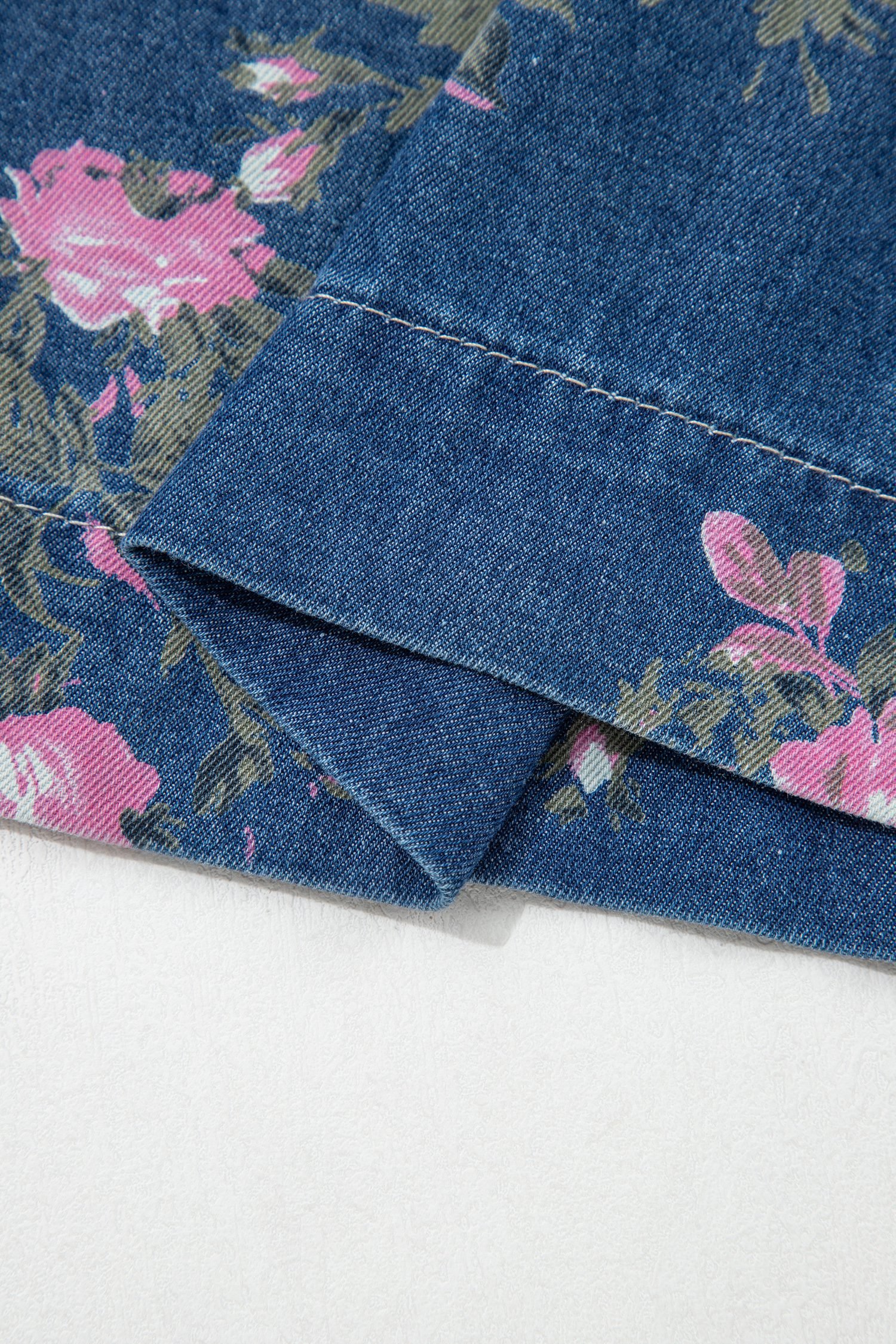 Blue Retro Floral Print Tie Elastic Waist Button Pintuck Wide Leg Jeans