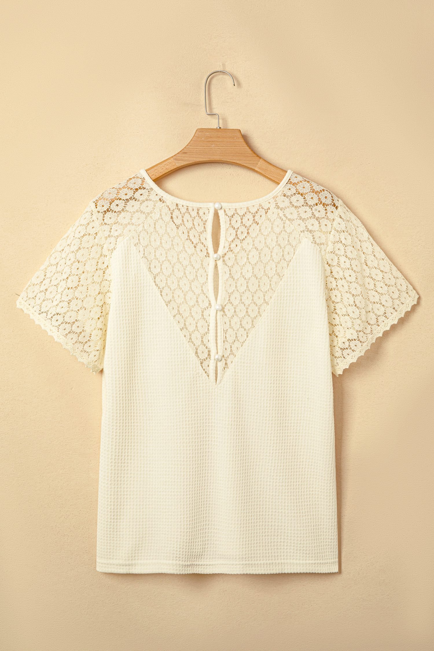Beige Lace Splicing Button Cutout V Neck Waffle Knit Blouse