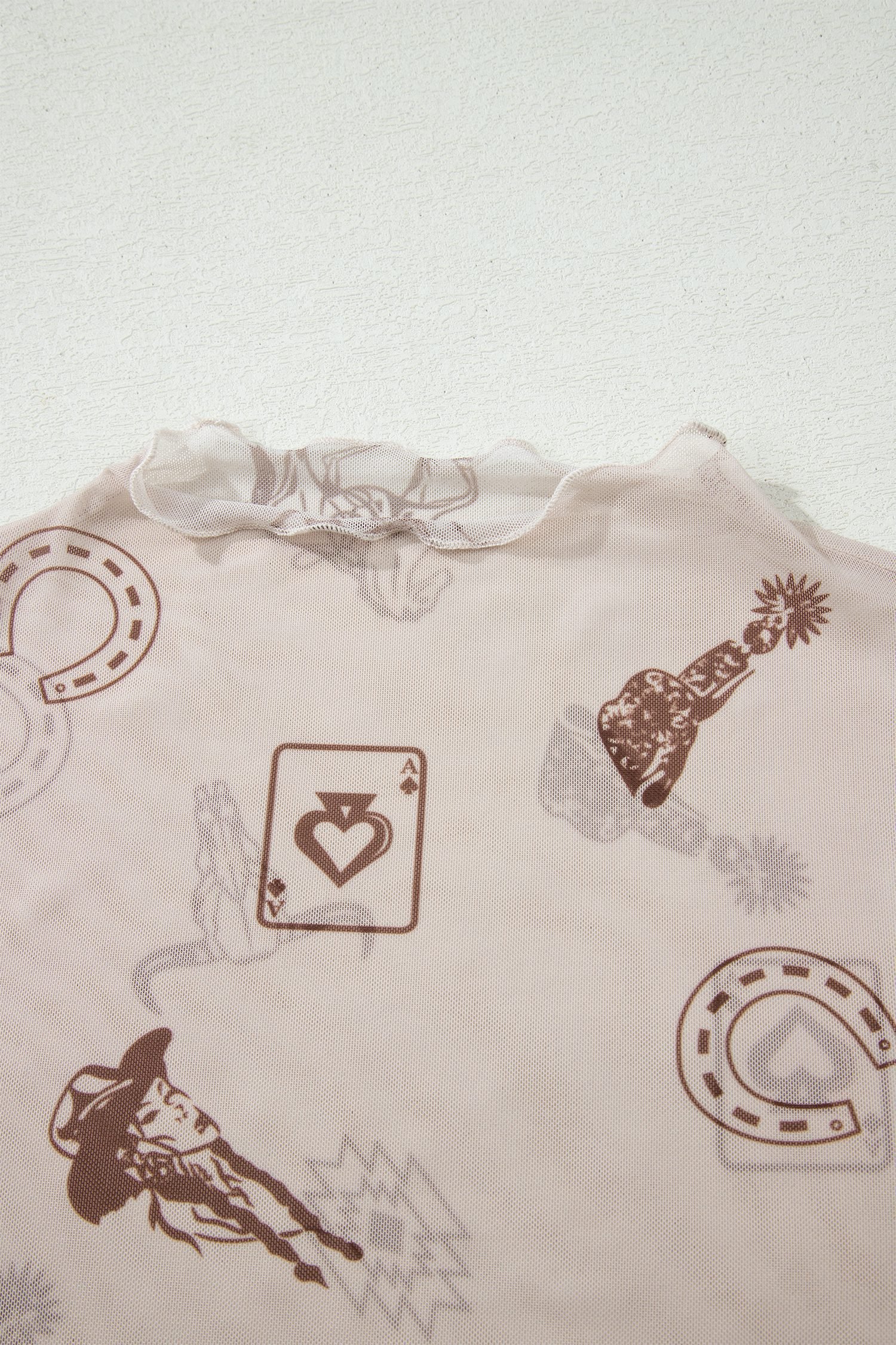 Oatmeal Western Printed Mesh Short Sleeve Top