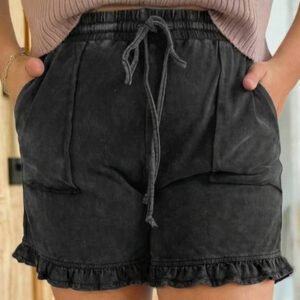 Black Mineral Wash Elastic Waist Drawstring Ruffle Hem Plus Shorts
