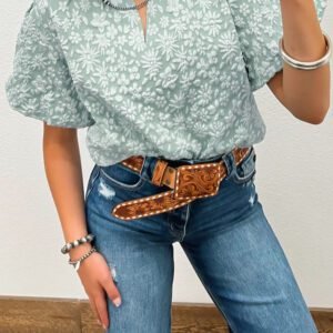 Iceland Blue Floral Textured Jacquard Puff Sleeve Blouse